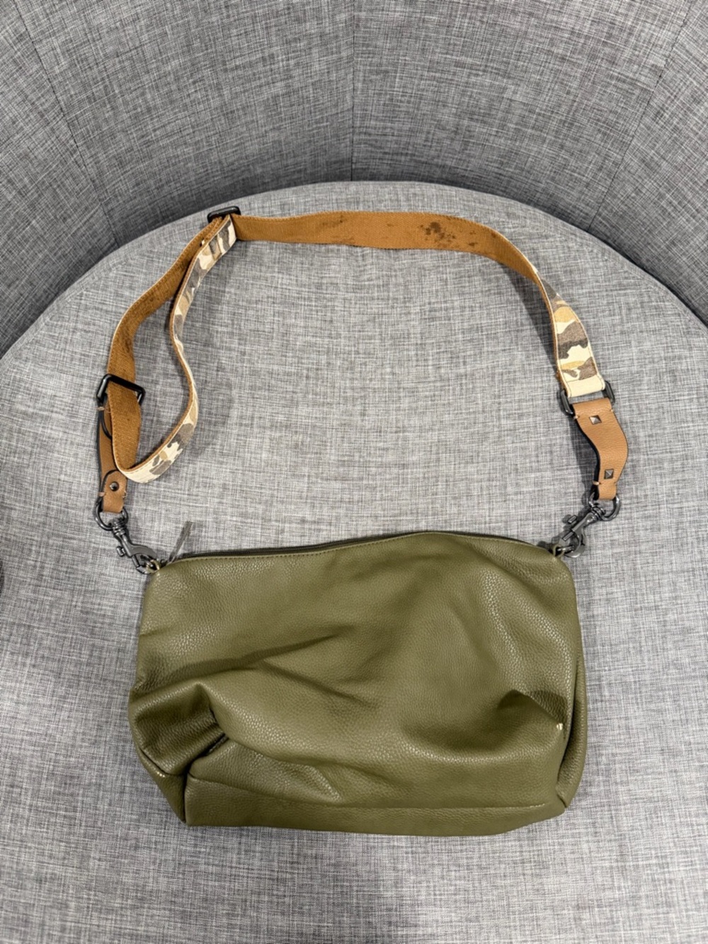 Olive Green Leather Crossbody with Camouflage Strap